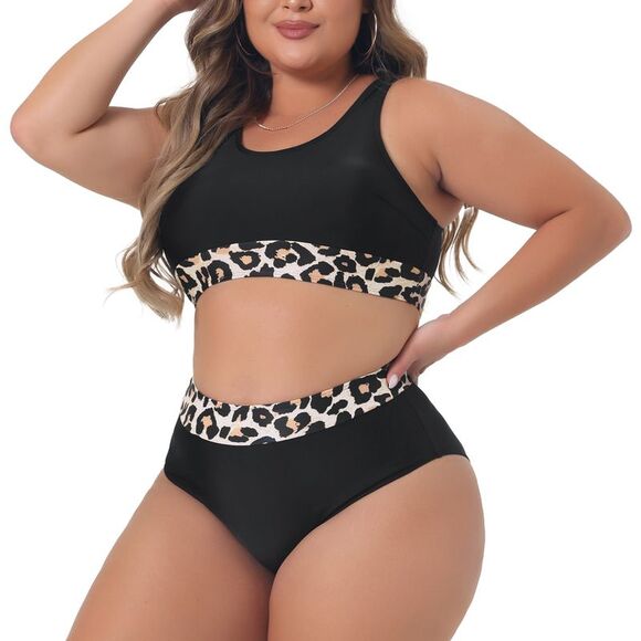 Plus Size Leopard High Waisted Two Piece Bathing Suits Black - Picture 2 of 6